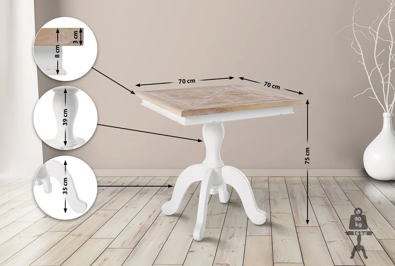 Table à manger carrée en bois shabby-chic nature blanc – Structure robuste – 70 × 70 cm 10_0009246