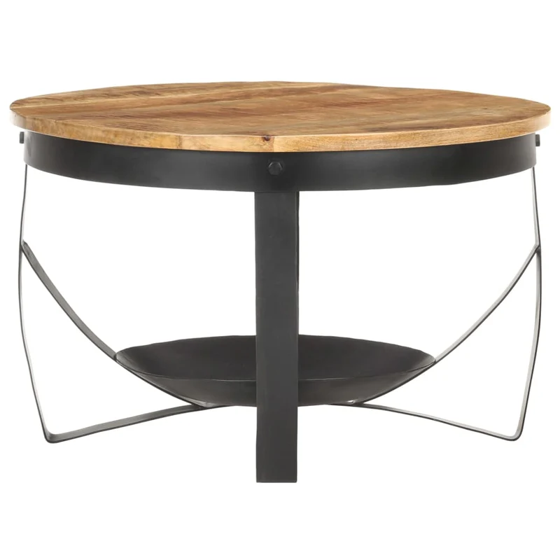 Table basse style industriel rustique Ø68 x 43 cm bois de manguier brut et fer DEC040234