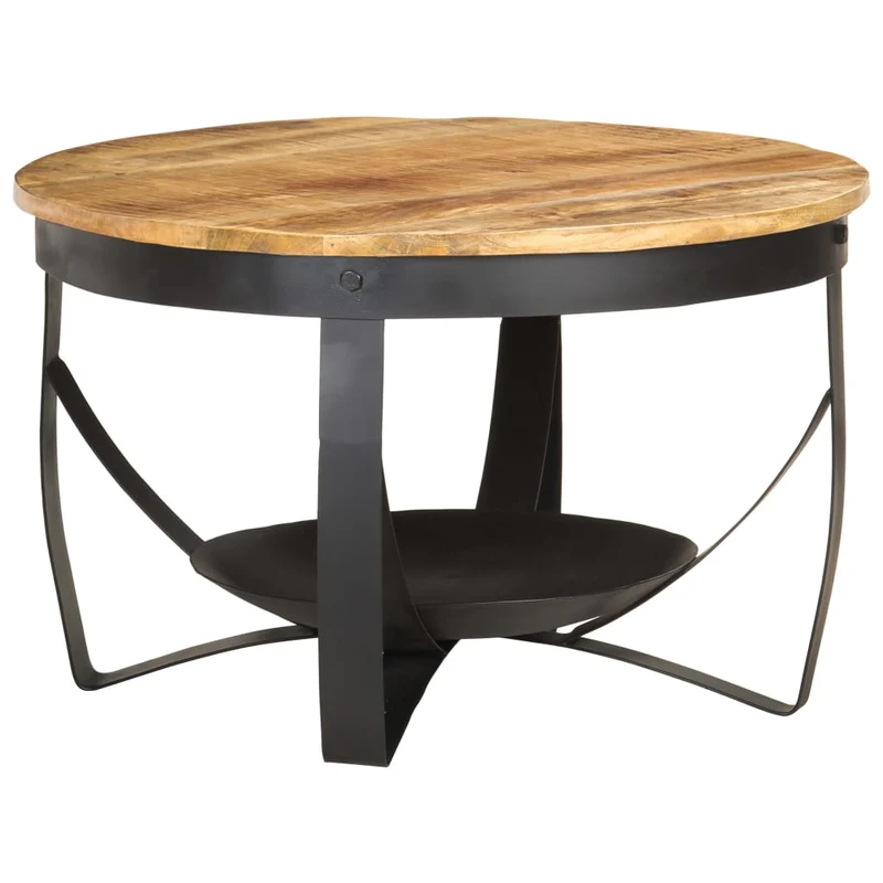 Table basse style industriel rustique Ø68 x 43 cm bois de manguier brut et fer DEC040234