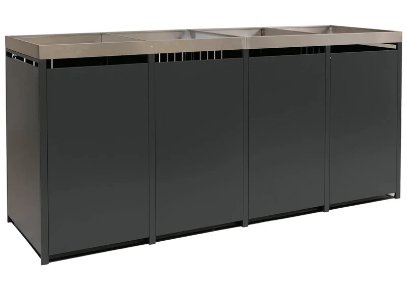 Cache-poubelles pour 4 bacs avec jardinière abri pour poubelles en métal 125x260x84 cm anthracite aspect bois foncé 04_0009313