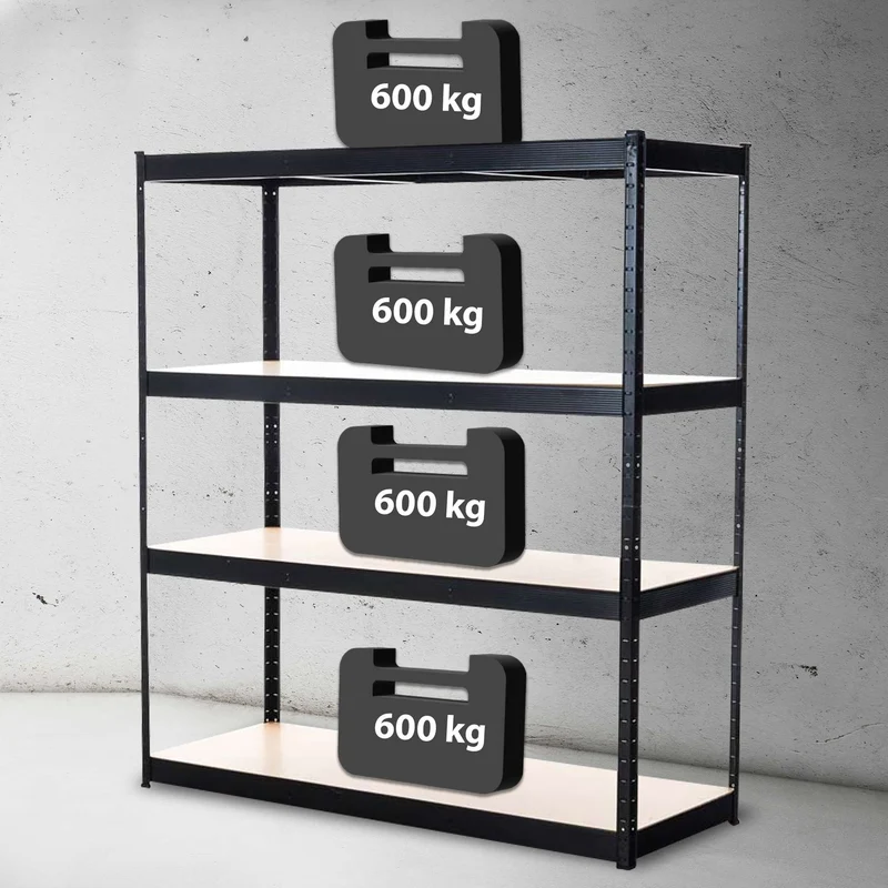 Étagère de stockage charge lourde 160x180x60 cm métal galvanisée noir avec 4 niveaux réglables capacité 600 kg par niveau 10_0009028