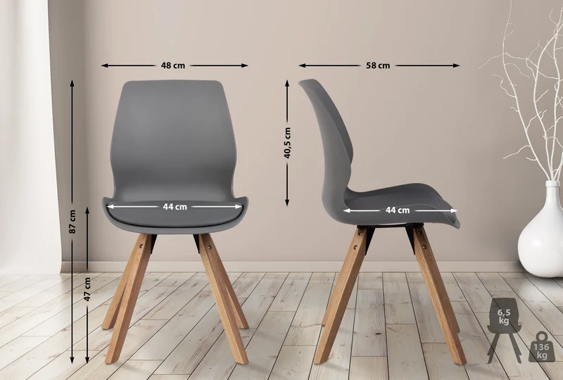 Chaise de salle à manger design scandinave en plastique gris avec assise rembourrée et pieds en bois 10_0007661