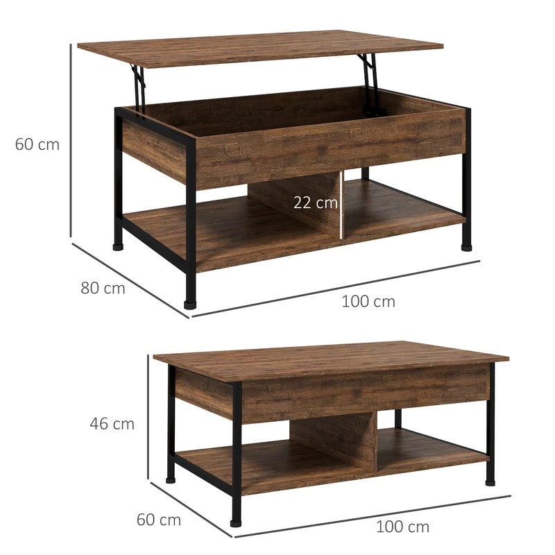 Table basse relevable salon 100 x 80 x 60 cm plateau compartiment caché compact style industriel design en MDF marron 21_0003126