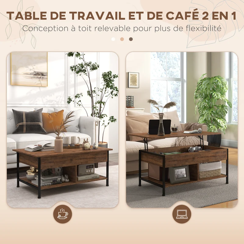 Table basse relevable salon 100 x 80 x 60 cm plateau compartiment caché compact style industriel design en MDF marron 21_0003126