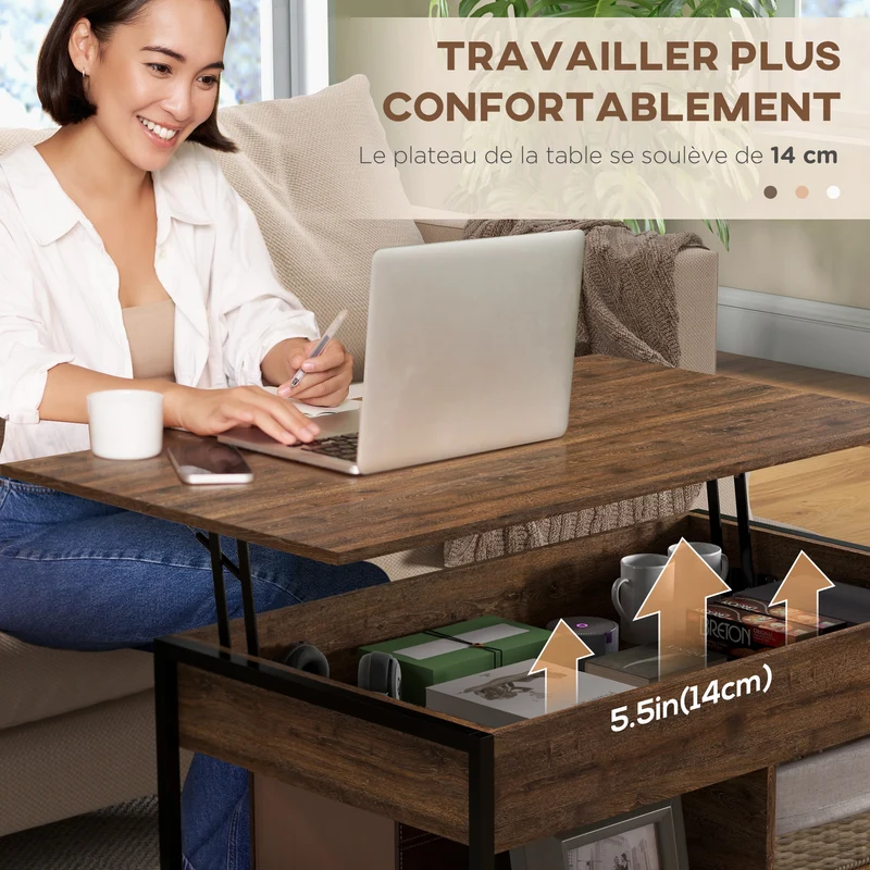 Table basse relevable salon 100 x 80 x 60 cm plateau compartiment caché compact style industriel design en MDF marron 21_0003126