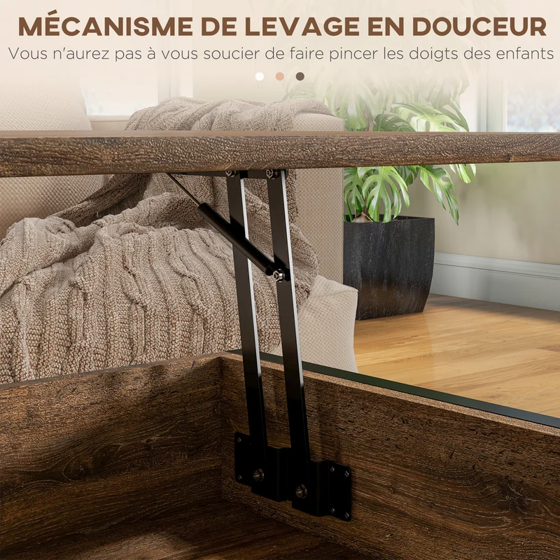Table basse relevable salon 100 x 80 x 60 cm plateau compartiment caché compact style industriel design en MDF marron 21_0003126