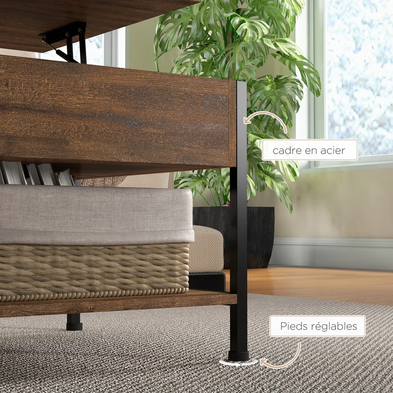 Table basse relevable salon 100 x 80 x 60 cm plateau compartiment caché compact style industriel design en MDF marron 21_0003126