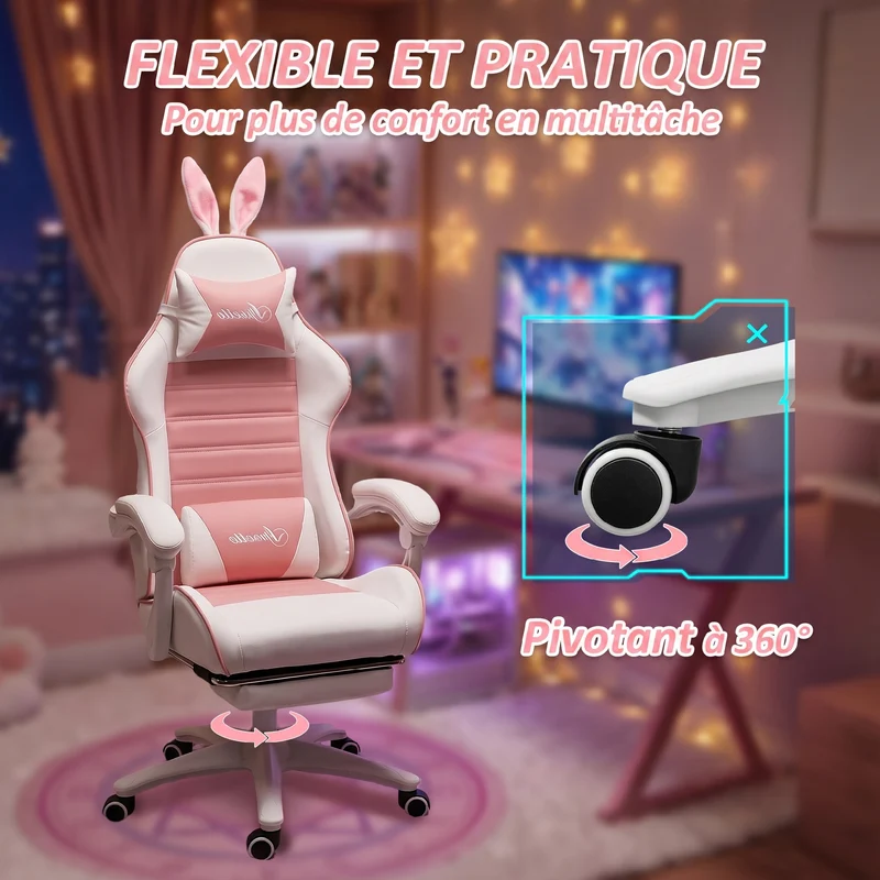 Chaise de jeu réglable support lombaire 65 x 63 x 136 cm pour bureau chambre studio moderne design en polyuréthane rose 21_0006232