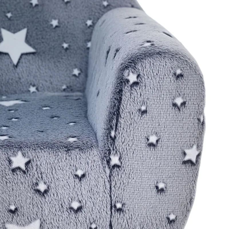 Fauteuil enfant 55 x 40 x 55 cm assise mousse dense dossier haut motif étoilé phosphorescent scandinave en velours gris 21_0000133