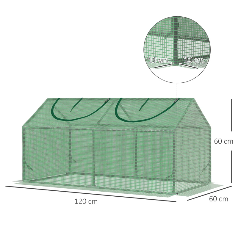 Serre compacte balcon 120 x 60 x 60 cm fenêtres zippées rebord enterrable 10 cm épuré moderne en plastique vert foncé 21_0004153