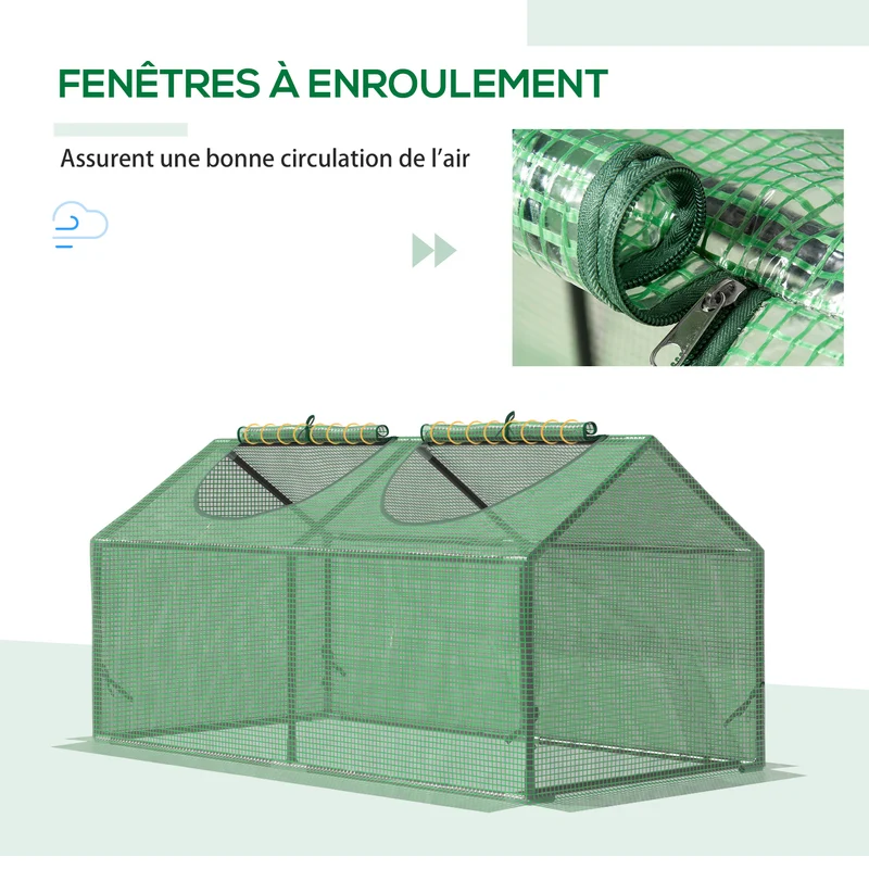Serre compacte balcon 120 x 60 x 60 cm fenêtres zippées rebord enterrable 10 cm épuré moderne en plastique vert foncé 21_0004153