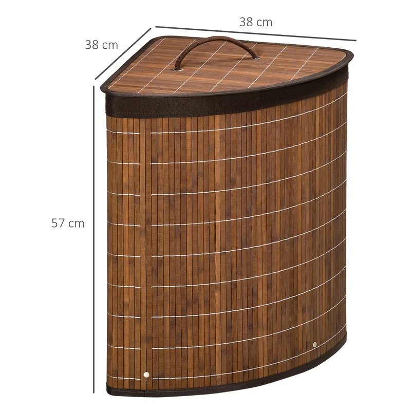 Panier à linge d'angle 38 x 38 x 57 cm grande capacité 55L doublure amovible couvercle scandinave épuré en bambou marron 21_0005829