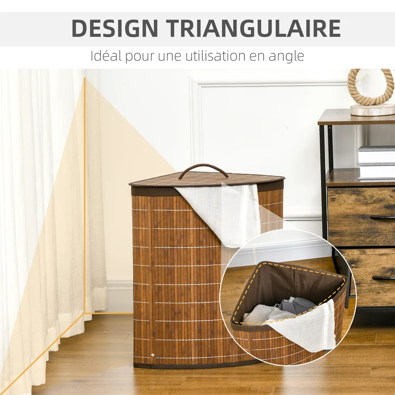 Panier à linge d'angle 38 x 38 x 57 cm grande capacité 55L doublure amovible couvercle scandinave épuré en bambou marron 21_0005829