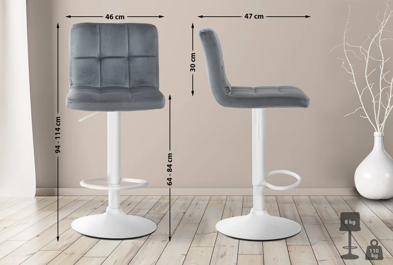 Lot de 2 tabourets de bar en velours gris foncé avec coutures décoratives pied en trompette métal blanc 10_0004402