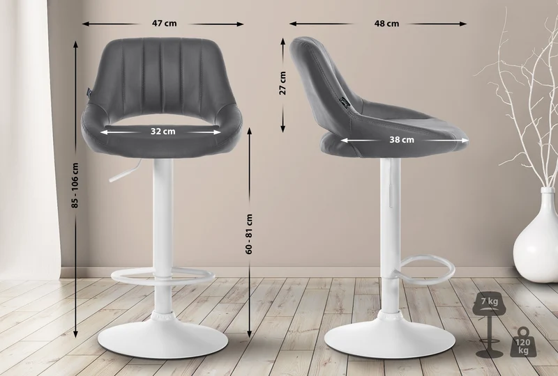 Tabouret de bar x1 avec repose-pieds pivotant et réglable en similicuir gris et métal blanc 10_0006328