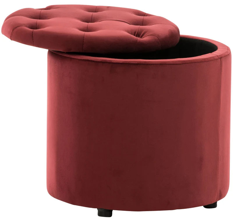 Pouf tabouret coffre avec espace de rangement en tissu velours rouge 42x44cm TABO10079