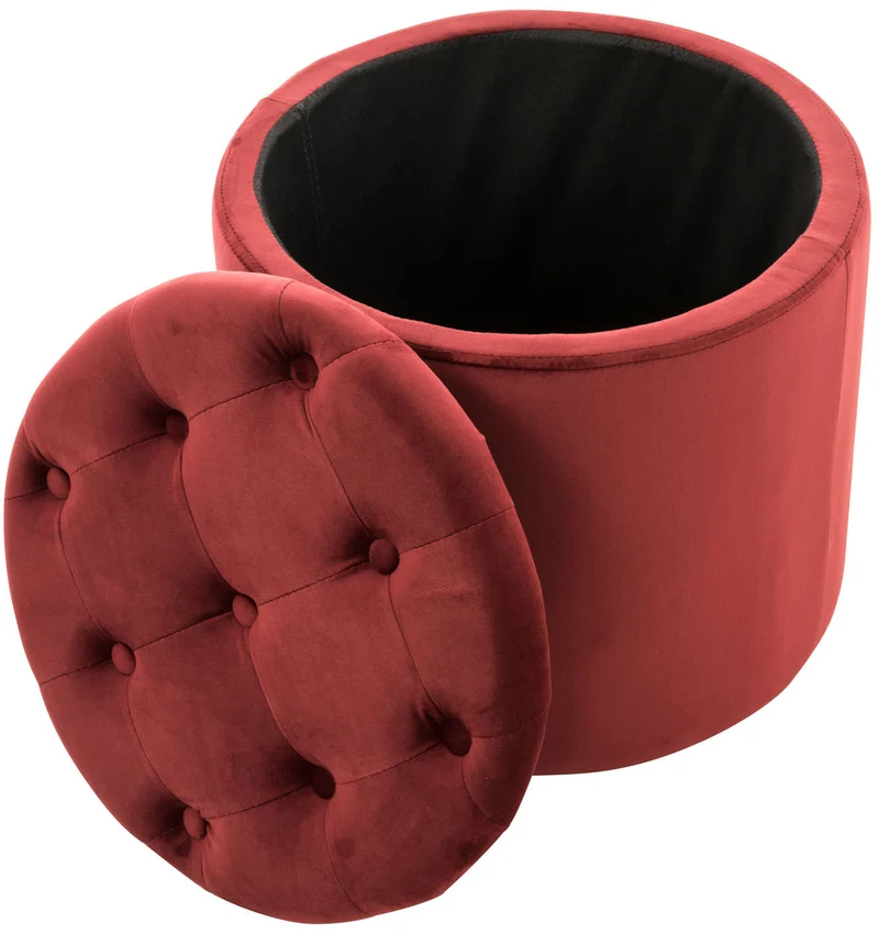 Pouf tabouret coffre avec espace de rangement en tissu velours rouge 42x44cm TABO10079