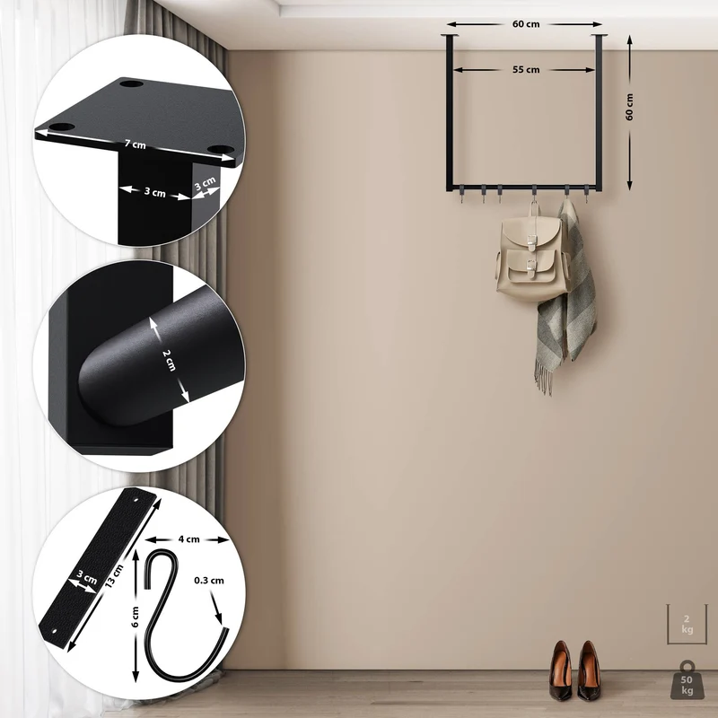 Tringle à vêtements suspendue porte-manteau avec 6 patères 60x60 cm acier thermolaqué noir 10_0009016