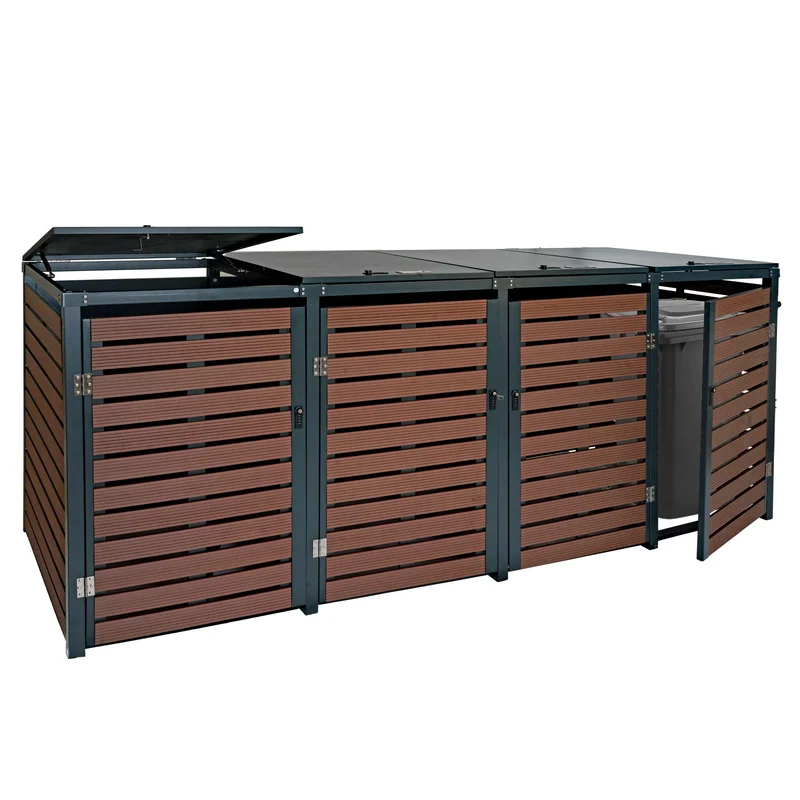 Cache poubelles 4 bacs avec couvercles vérins à gaz et serrures à code 119x264x84 cm WPC aspect noyer métal galvanisé 04_0007564