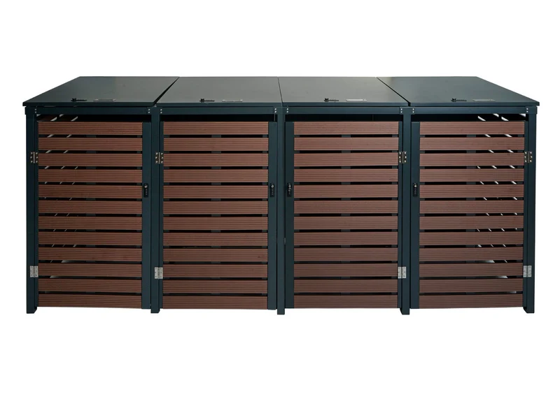 Cache poubelles 4 bacs avec couvercles vérins à gaz et serrures à code 119x264x84 cm WPC aspect noyer métal galvanisé 04_0007564