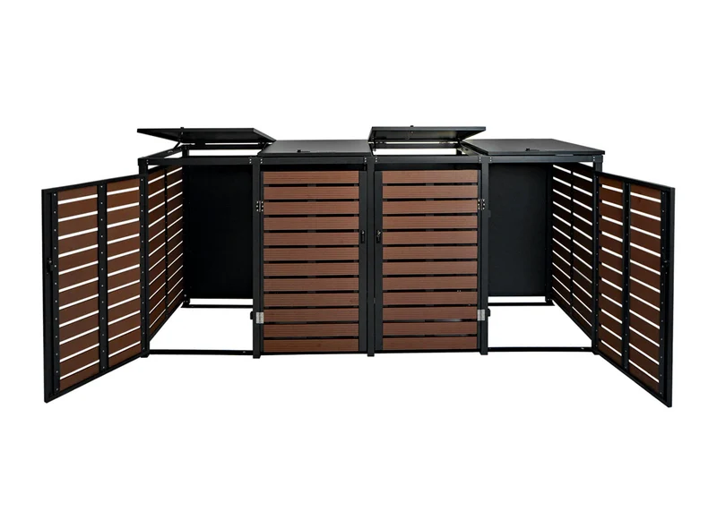 Cache poubelles 4 bacs avec couvercles vérins à gaz et serrures à code 119x264x84 cm WPC aspect noyer métal galvanisé 04_0007564