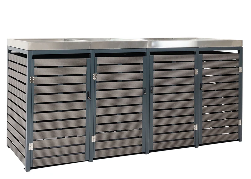 Cache poubelles 4 bacs avec jardinière intégrée et système basculant 124x265x84 cm WPC anthracite acier inoxydable 04_0007558