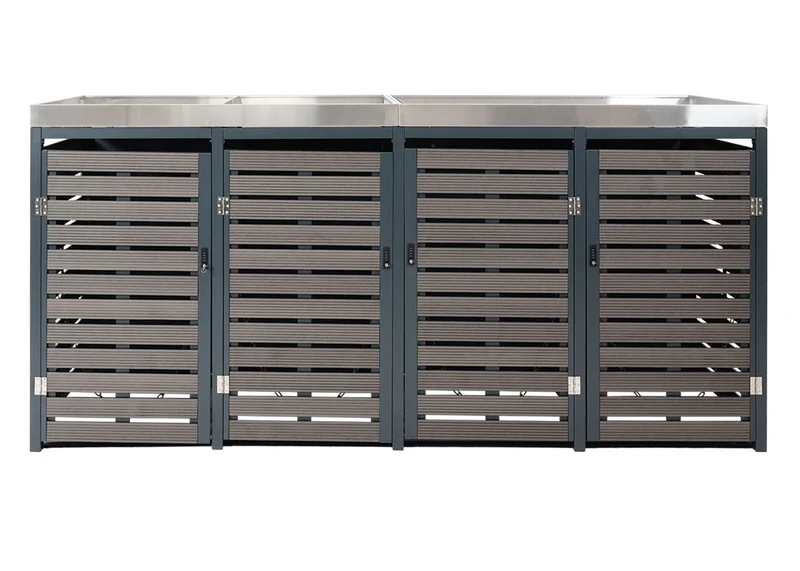 Cache poubelles 4 bacs avec jardinière intégrée et système basculant 124x265x84 cm WPC anthracite acier inoxydable 04_0007558