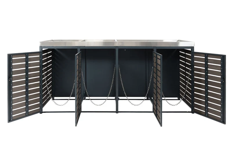 Cache poubelles 4 bacs avec jardinière intégrée et système basculant 124x265x84 cm WPC anthracite acier inoxydable 04_0007558