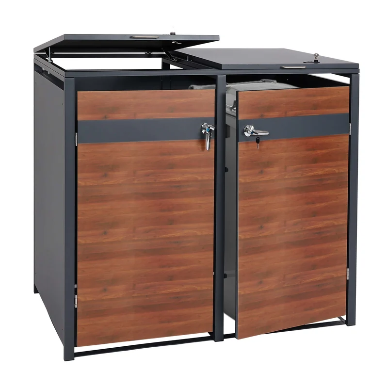 Cache poubelles double extensible avec fermeture à clé et code 117x145x98 cm métal anthracite aspect bois cerisier foncé 04_0007012