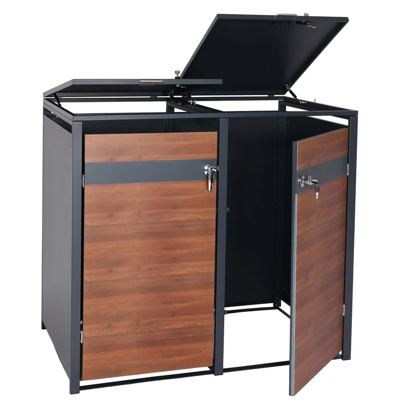 Cache poubelles double extensible avec fermeture à clé et code 117x145x98 cm métal anthracite aspect bois cerisier foncé 04_0007012