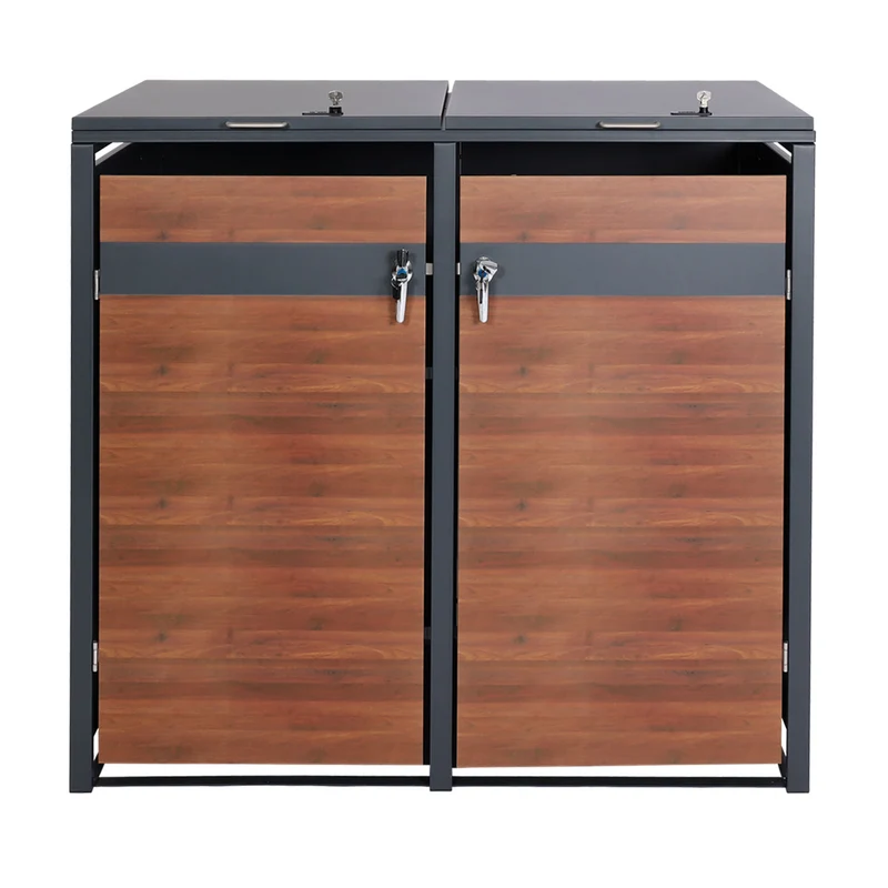 Cache poubelles double extensible avec fermeture à clé et code 117x145x98 cm métal anthracite aspect bois cerisier foncé 04_0007012
