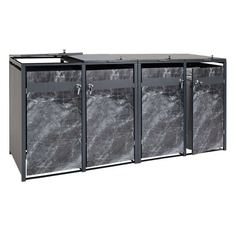 Cache poubelles 4 bacs extensible avec fermeture à clé et code 117x264x80 cm métal anthracite effet marbre foncé 04_0007000