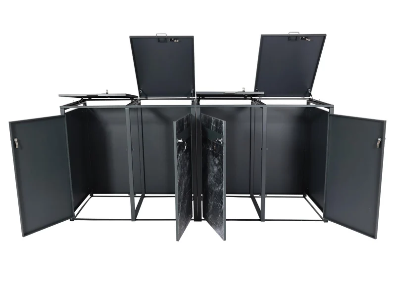 Cache poubelles 4 bacs extensible avec fermeture à clé et code 117x264x80 cm métal anthracite effet marbre foncé 04_0007000