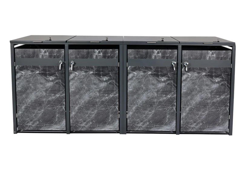 Cache poubelles 4 bacs extensible avec fermeture à clé et code 117x264x80 cm métal anthracite effet marbre foncé 04_0007000