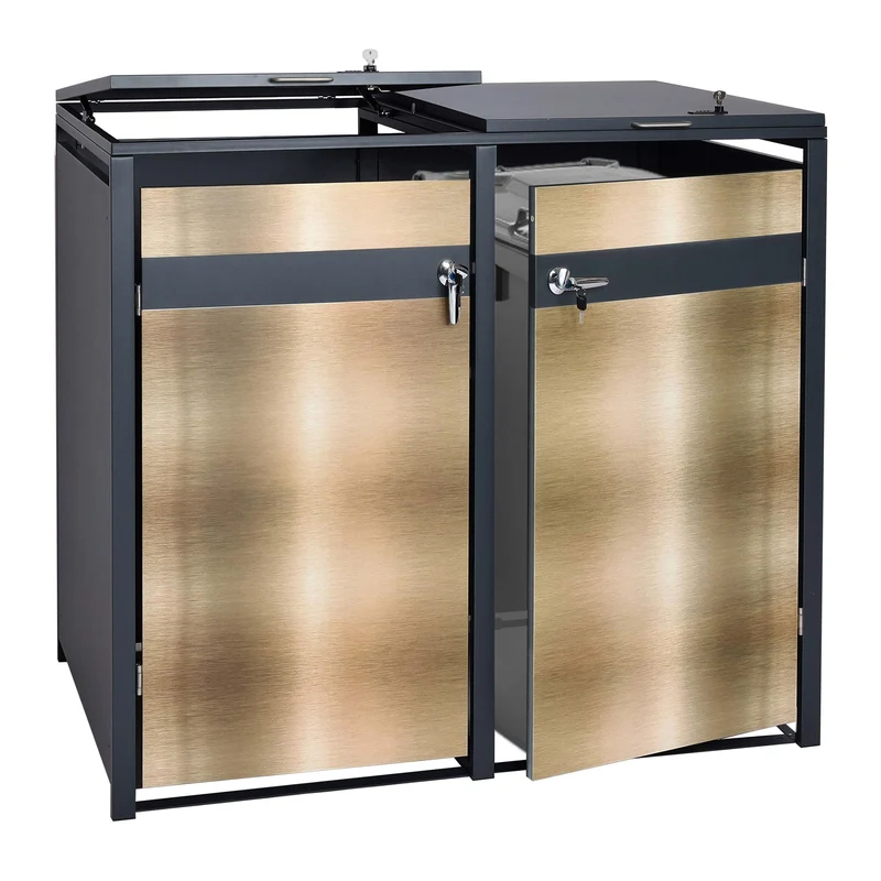 Cache poubelles 2 bacs extensible avec fermeture à clé et code 117x132x80 cm métal anthracite et doré 04_0006996