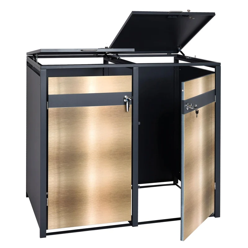 Cache poubelles 2 bacs extensible avec fermeture à clé et code 117x132x80 cm métal anthracite et doré 04_0006996