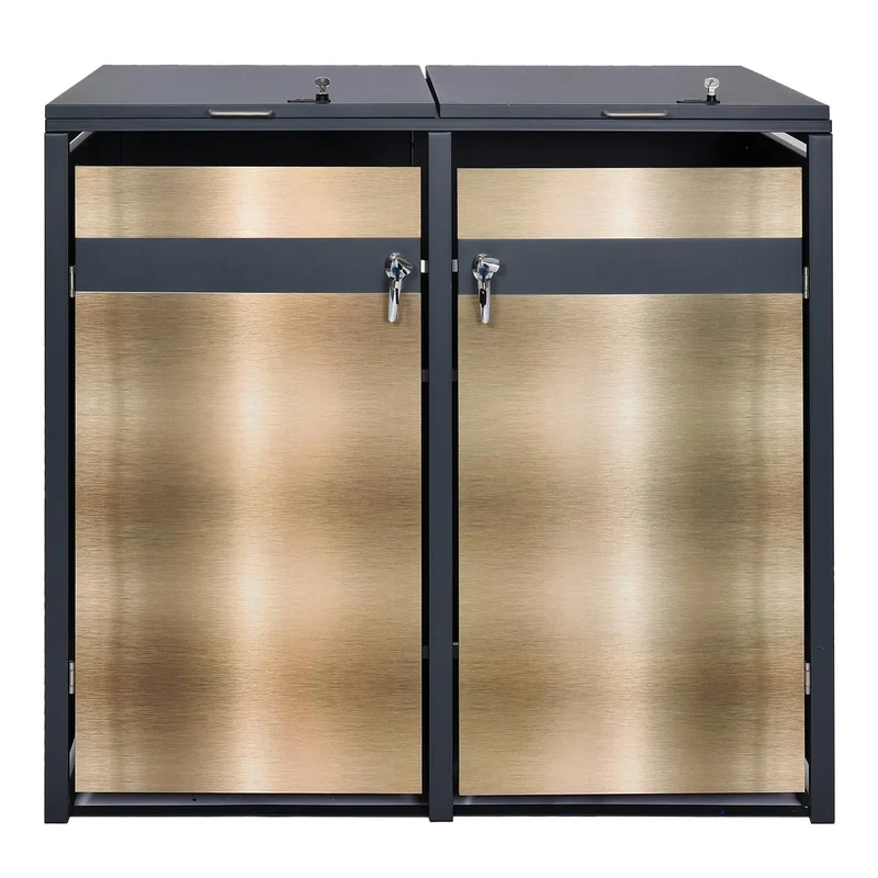 Cache poubelles 2 bacs extensible avec fermeture à clé et code 117x132x80 cm métal anthracite et doré 04_0006996