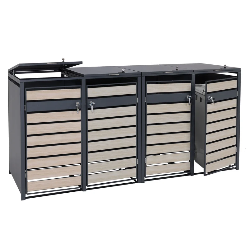 Cache poubelles 4 bacs extensible avec fermeture à clé et code 117x264x80 cm métal anthracite aspect bois hêtre clair 04_0006998