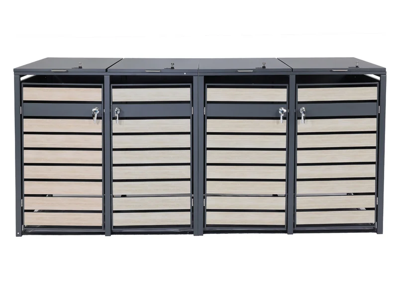 Cache poubelles 4 bacs extensible avec fermeture à clé et code 117x264x80 cm métal anthracite aspect bois hêtre clair 04_0006998