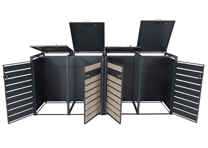 Cache poubelles 4 bacs extensible avec fermeture à clé et code 117x264x80 cm métal anthracite aspect bois hêtre clair 04_0006998