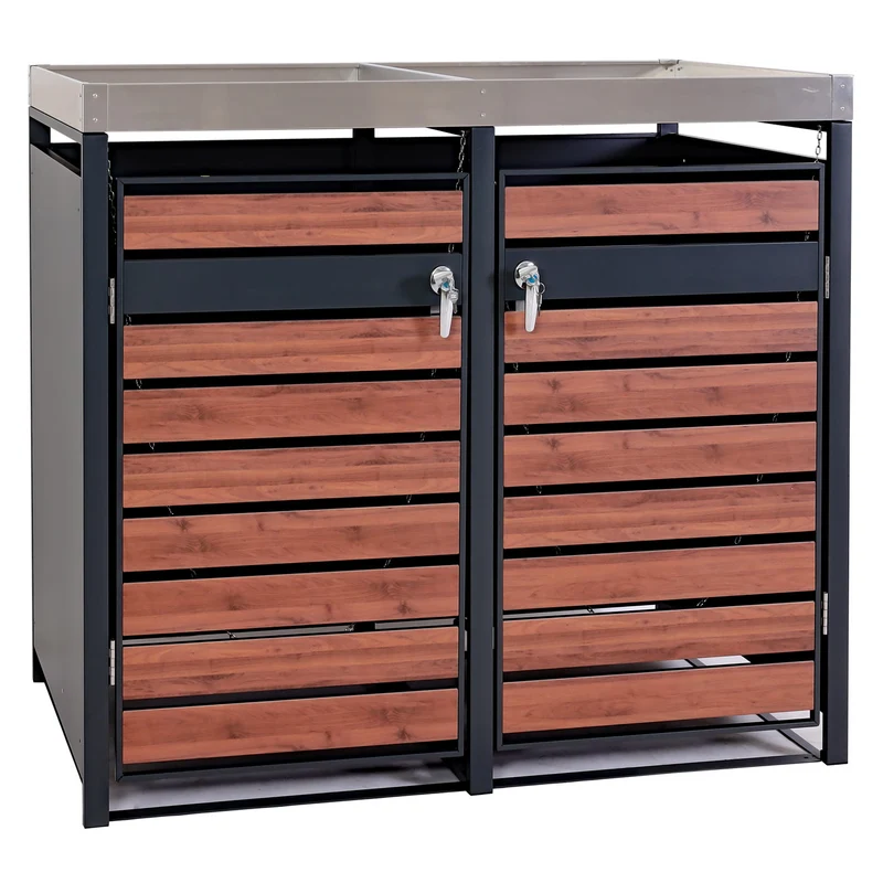 Cache poubelles 2 bacs avec bac à fleurs extensible métal anthracite aspect bois cerisier 125x132x80 cm 04_0006989