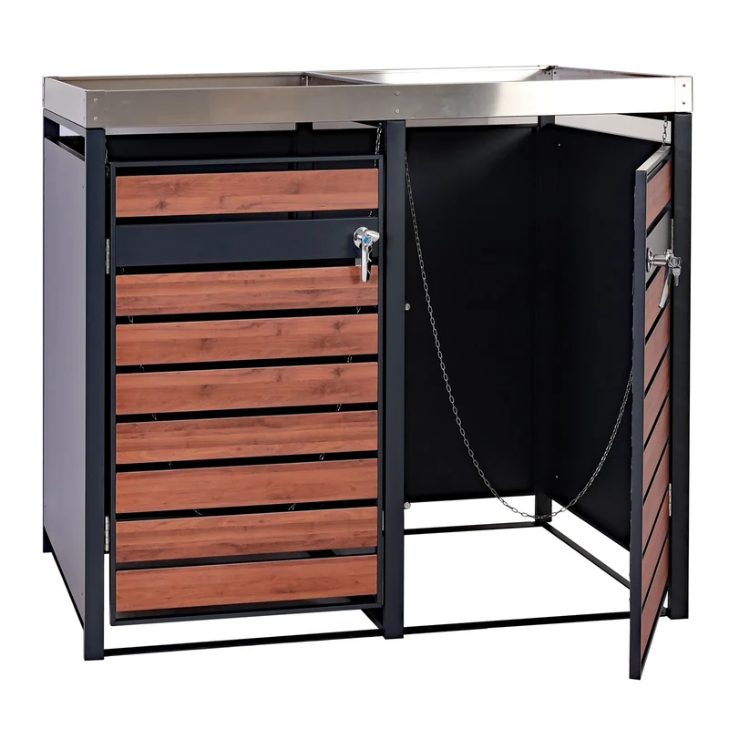 Cache poubelles 2 bacs avec bac à fleurs extensible métal anthracite aspect bois cerisier 125x132x80 cm 04_0006989