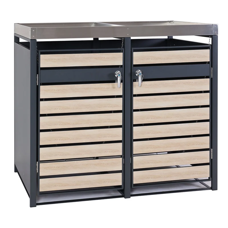 Cache poubelles 2 bacs avec bac à fleurs extensible métal anthracite aspect bois hêtre 125x132x80 cm 04_0006992