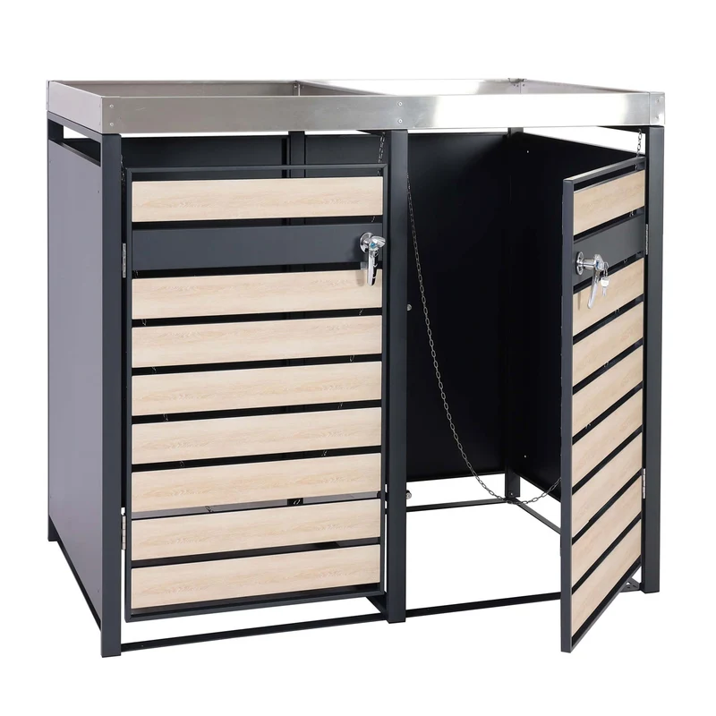 Cache poubelles 2 bacs avec bac à fleurs extensible métal anthracite aspect bois hêtre 125x132x80 cm 04_0006992