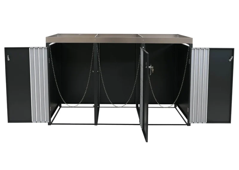 Cache poubelles triple avec jardinière intégrée 125x196x84 cm acier galvanisé inox anthracite 04_0009316