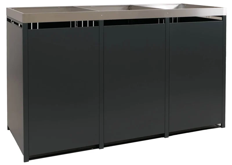 Cache poubelles triple avec jardinière intégrée 125x196x84 cm acier galvanisé inox anthracite 04_0009316