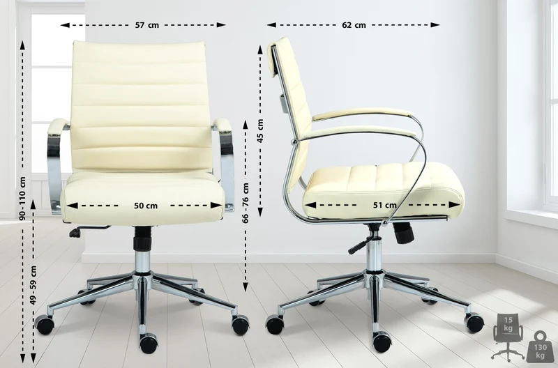 Chaise de bureau design ergonomique en cuir véritable crème et métal chromé 10_0002564