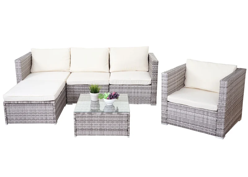 Salon de jardin en polyrotin pour jardin terrasse balcon avec fauteuils canapé table gris coussin crème 04_0004179