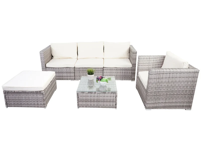 Salon de jardin en polyrotin pour jardin terrasse balcon avec fauteuils canapé table gris coussin crème 04_0004179