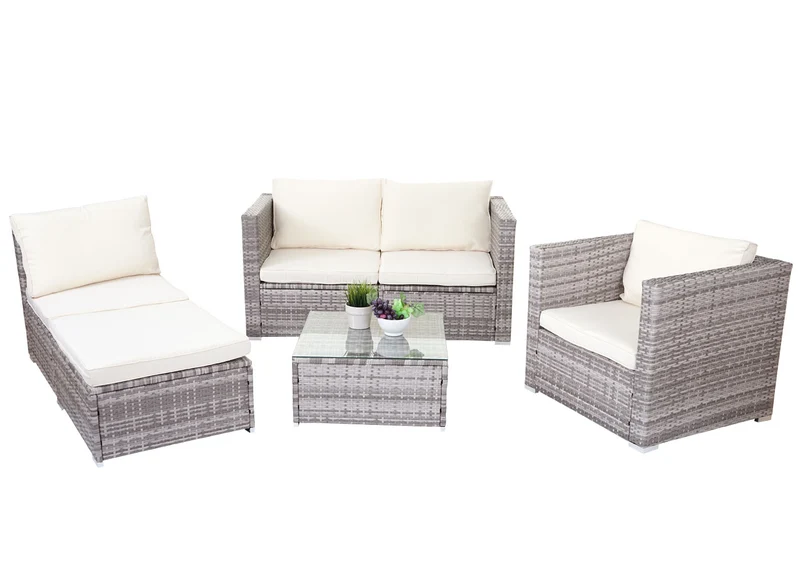 Salon de jardin en polyrotin pour jardin terrasse balcon avec fauteuils canapé table gris coussin crème 04_0004179